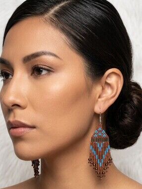 Beaded Fringe Earrings - Blue, Red &Brown